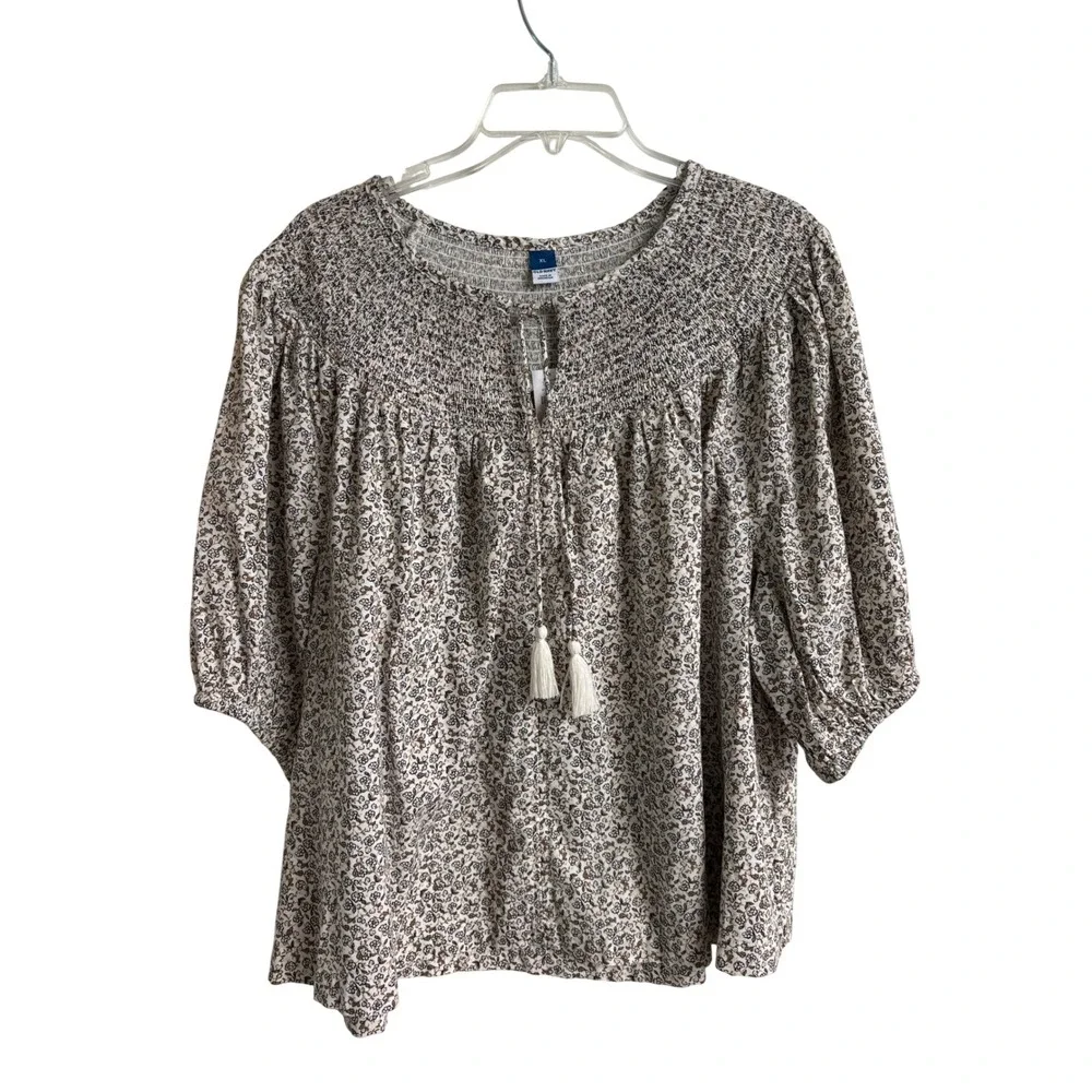 Old Navy Women XL Floral Smocked Tassel Tie Puff Sleeve Blouse NWT Boho Peasant